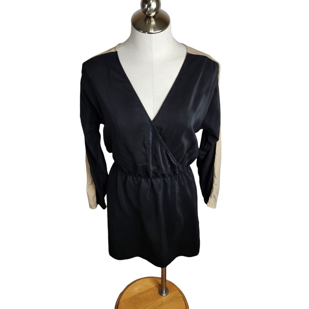 Parker Womens Small 100% Silk Faux Wrap Colorblock Long‎ Sleeve Mini Dress Black